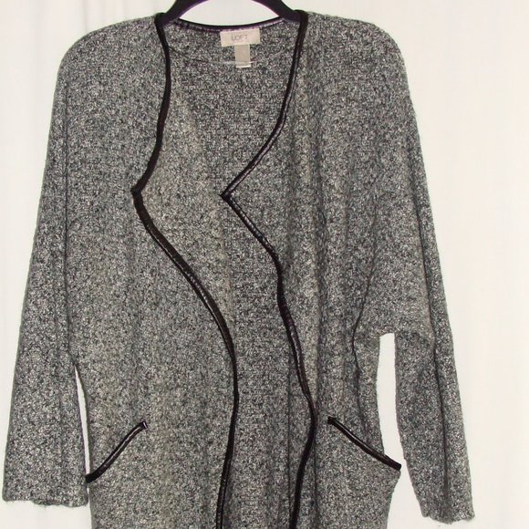 ANN TAYLOR LOFT Gray Marled Faux LEATHER Trim SWEATER JACKET Cardigan Sz XS/S - Picture 3 of 7